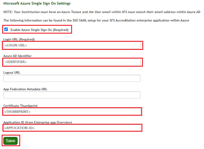 Screenshot that shows how to enable Azure single sign-on in Standard for Success Accreditation.