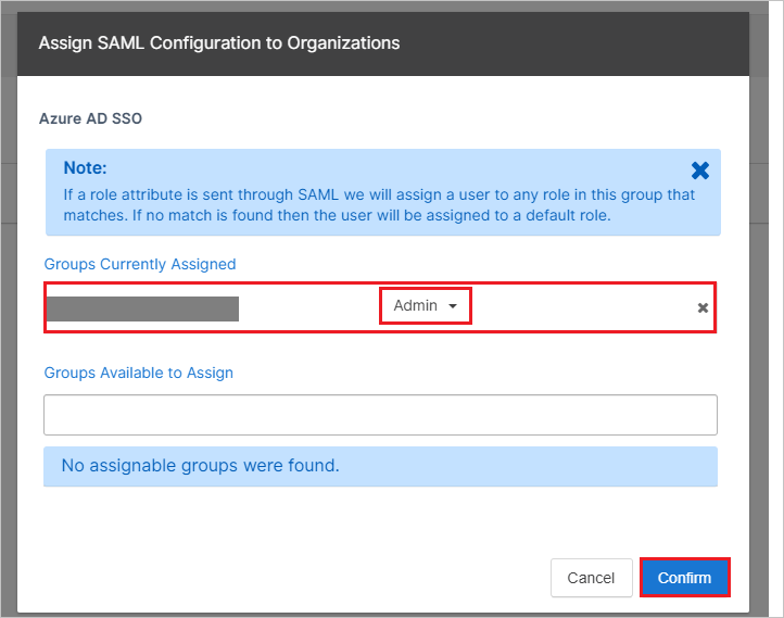 Screenshot shows Assign SAML Configuration to Organizations section where you can select a role.