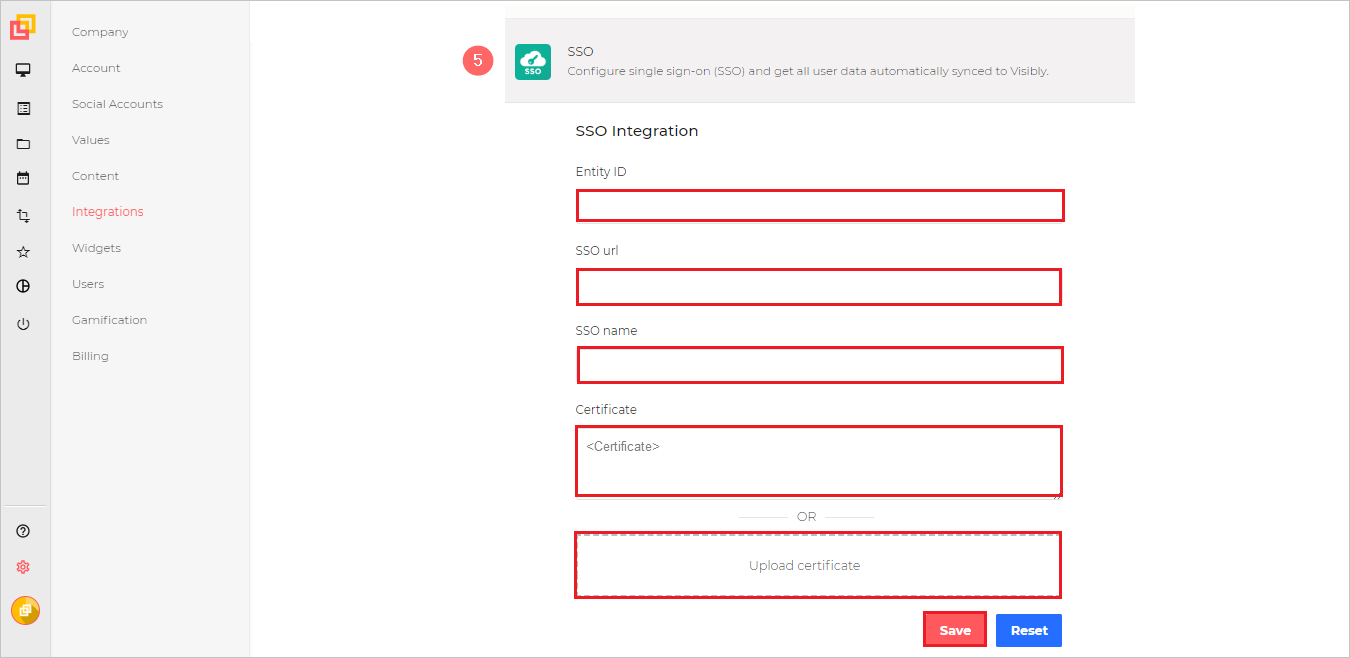 Screenshot shows S S O Integration page where you can enter the values described.
