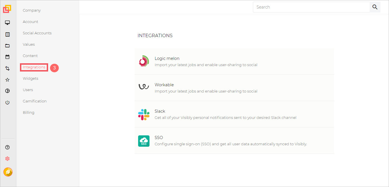 Screenshot shows Integrations selected from the Settings menu.