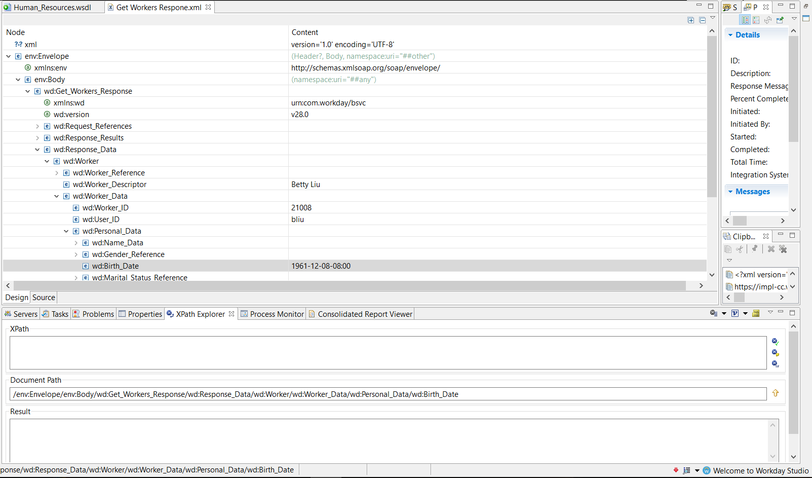 “Workday Studio X M L 编辑器”中打开的 X M L 文件的屏幕截图。