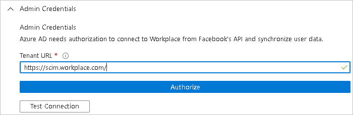 Azure 门户中 Workplace by Facebook 应用中的“管理员凭据”的屏幕截图