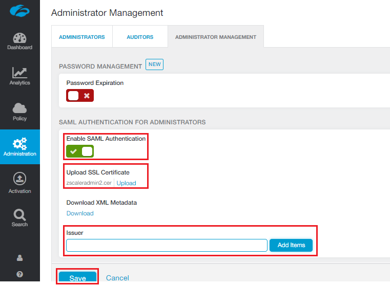 Screenshot shows Administrator Management with options to Enable SAML Authentication, upload S S L Certificate and specify an Issuer.
