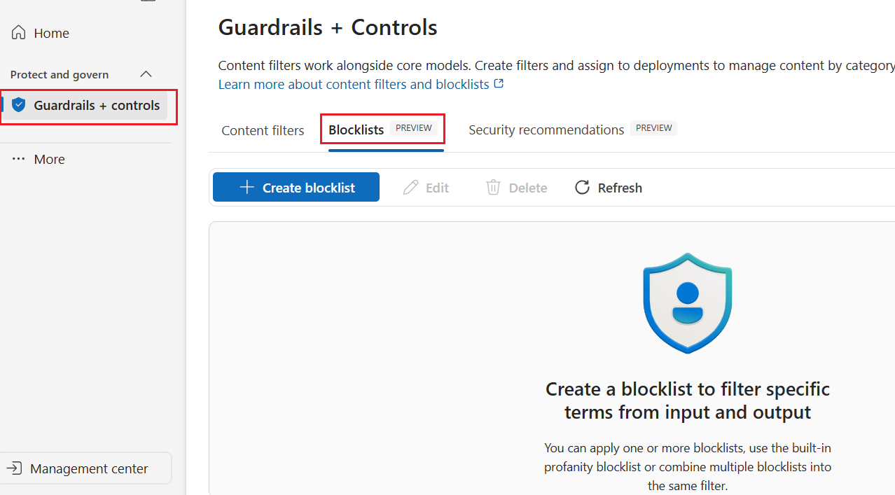 Screenshot of the Blocklists page tab.