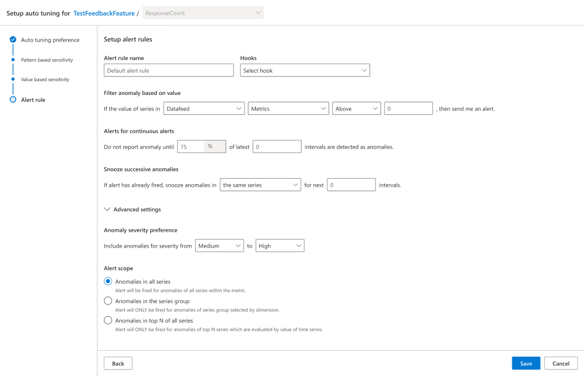 指标顾问产品中设置警报规则 UI 的屏幕截图。