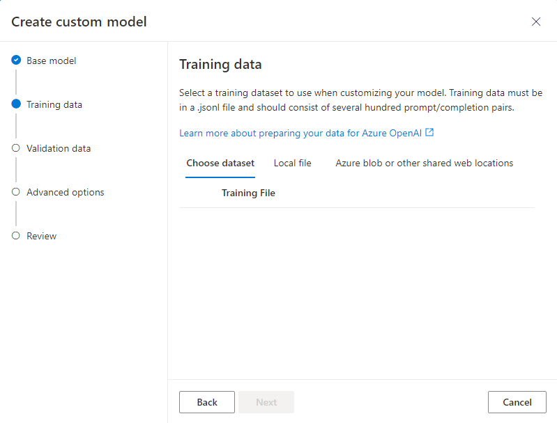 Azure OpenAI Studio 中“创建自定义模型”向导的“训练数据”窗格的屏幕截图。