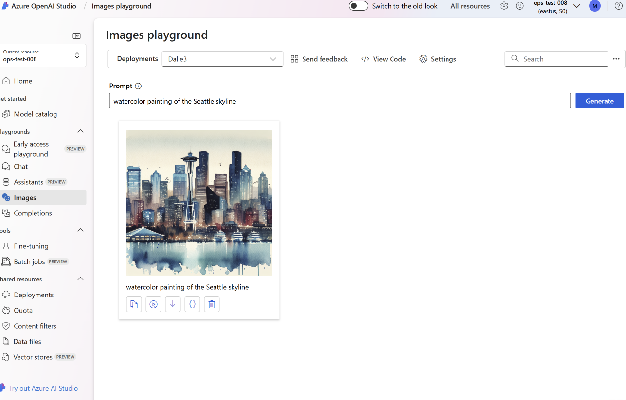 屏幕截图显示 Azure OpenAI Studio 登录页显示 DALL-E playground(预览版)与生成的北极熊图像。