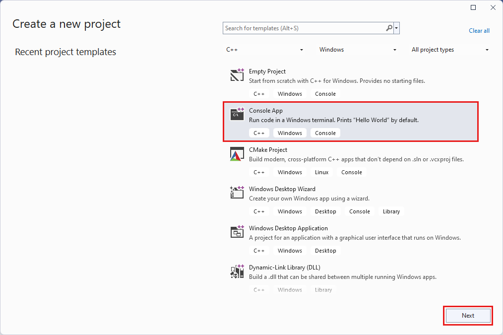 Screenshot of selections for creating a console app project in Visual Studio.