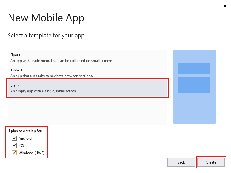 Screenshot that shows the New Mobile App Xamarin Forms Project dialog box in Visual Studio.