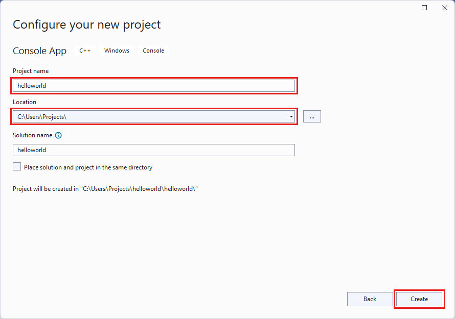 Screenshot of selections for configuring a new project in Visual Studio.