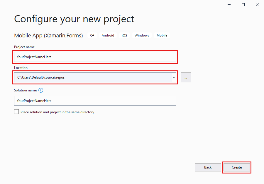 Screenshot that shows how to configure your new project in Visual Studio.
