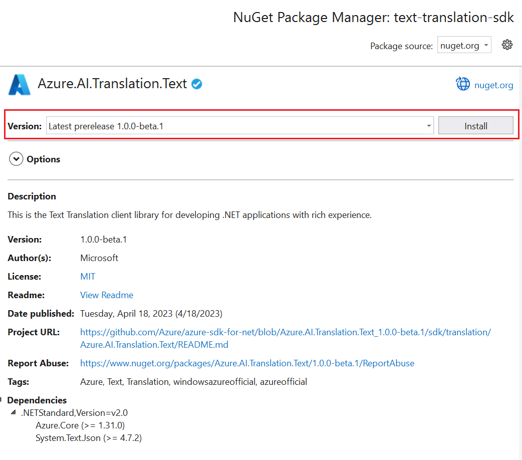 在 Visual Studio 中安装“预发行版”NuGet 包的屏幕截图。