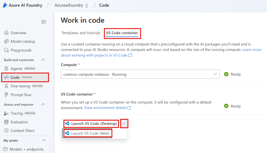 屏幕截图显示“VS Code 中的工作”页已准备好启动。