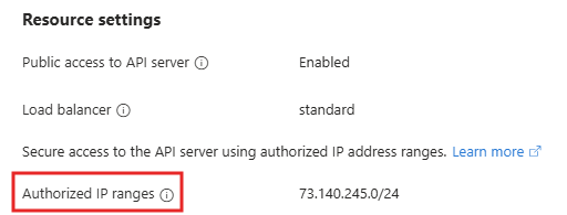 Azure 门户中 API 服务器授权 IP 范围的屏幕截图。