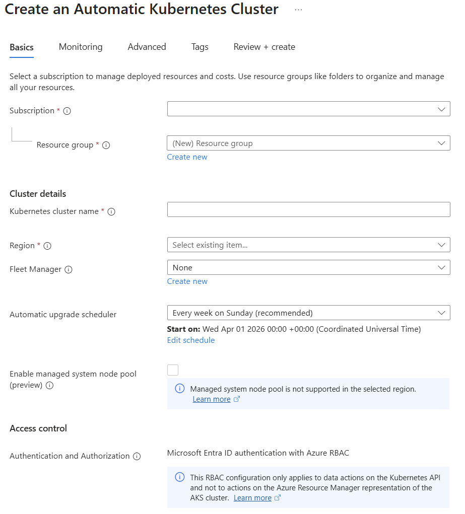 Azure portal 中 AKS 自动化群集的“创建 - 基本信息”选项卡的屏幕截图。