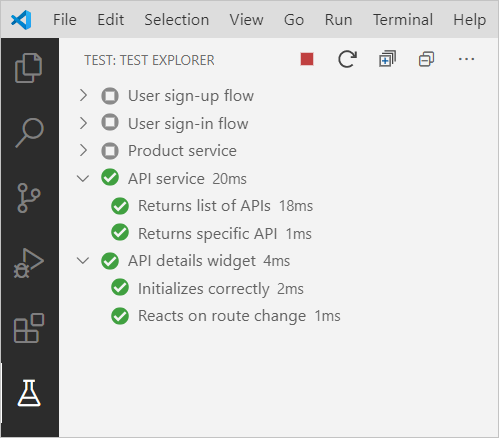 Visual Studio Code 测试资源管理器的屏幕截图