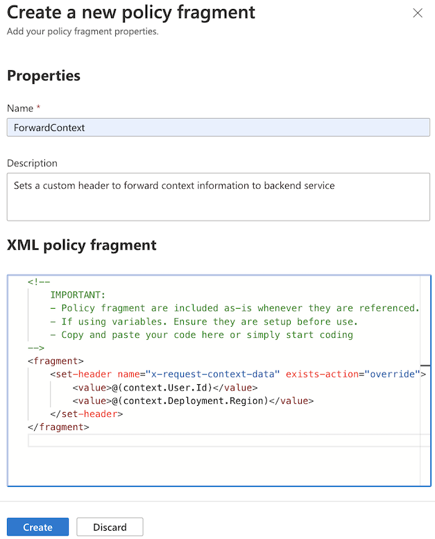 Screenshot showing the create a new policy fragment form.