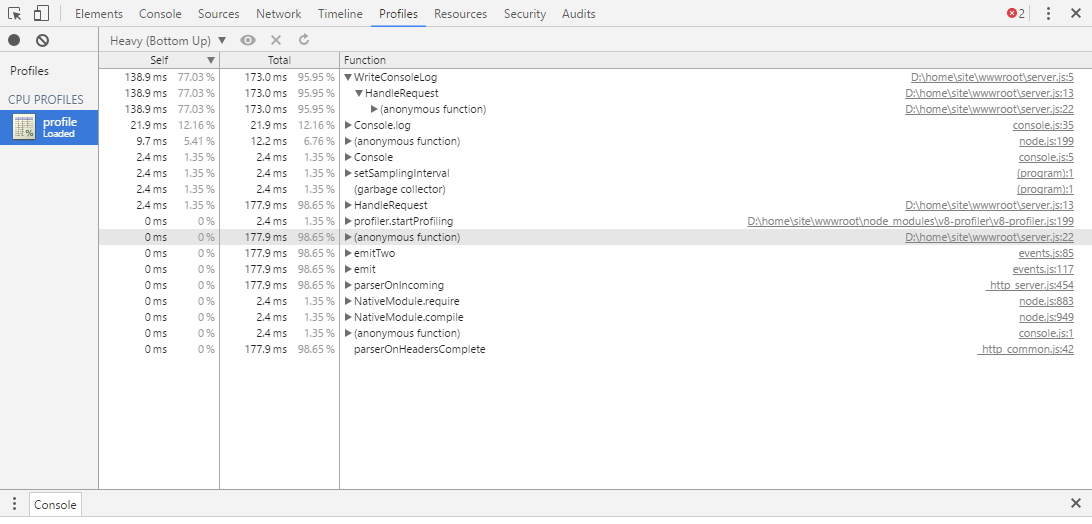 Screenshot that shows the profile.cpuprofile file that you loaded.