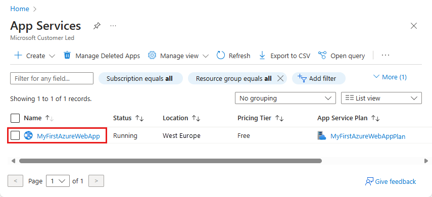 Azure 门户的屏幕截图 - 已选择一个示例 Web 应用的“应用服务”页面。