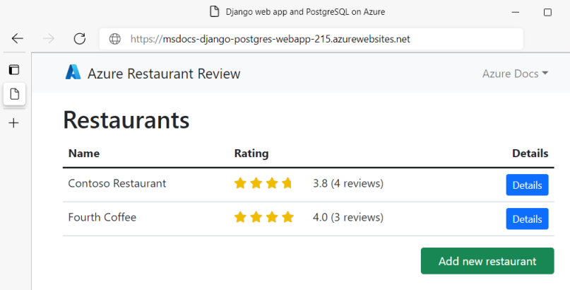 使用在 Azure 中运行的 PostgreSQL 的 Django Web 应用的屏幕截图，其中显示了餐厅和餐厅评论。
