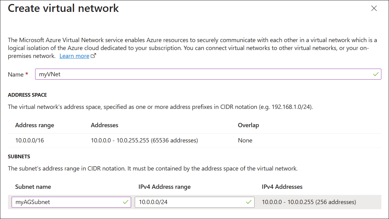 Create new application gateway: virtual network