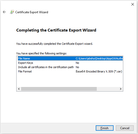 Screenshot shows the Certificate Export Wizard after you complete the file export.