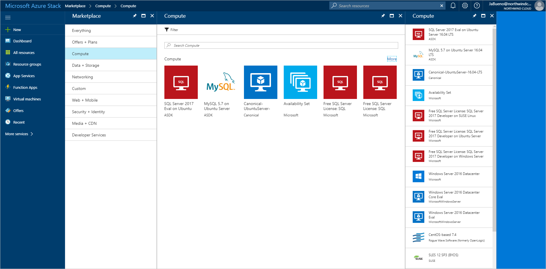 显示如何在 Azure Stack Hub 用户门户中选择虚拟机映像的屏幕截图。