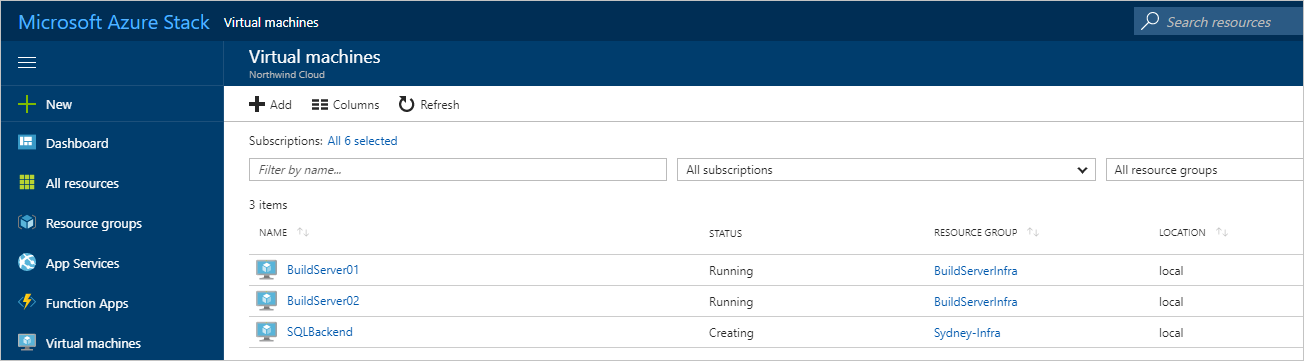 显示 Azure Stack Hub 用户门户中的虚拟机状态的屏幕截图。