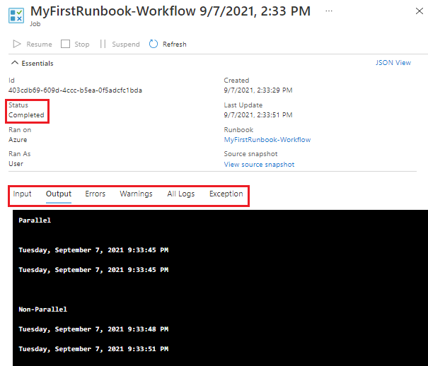Screenshot of the runbook Job page.