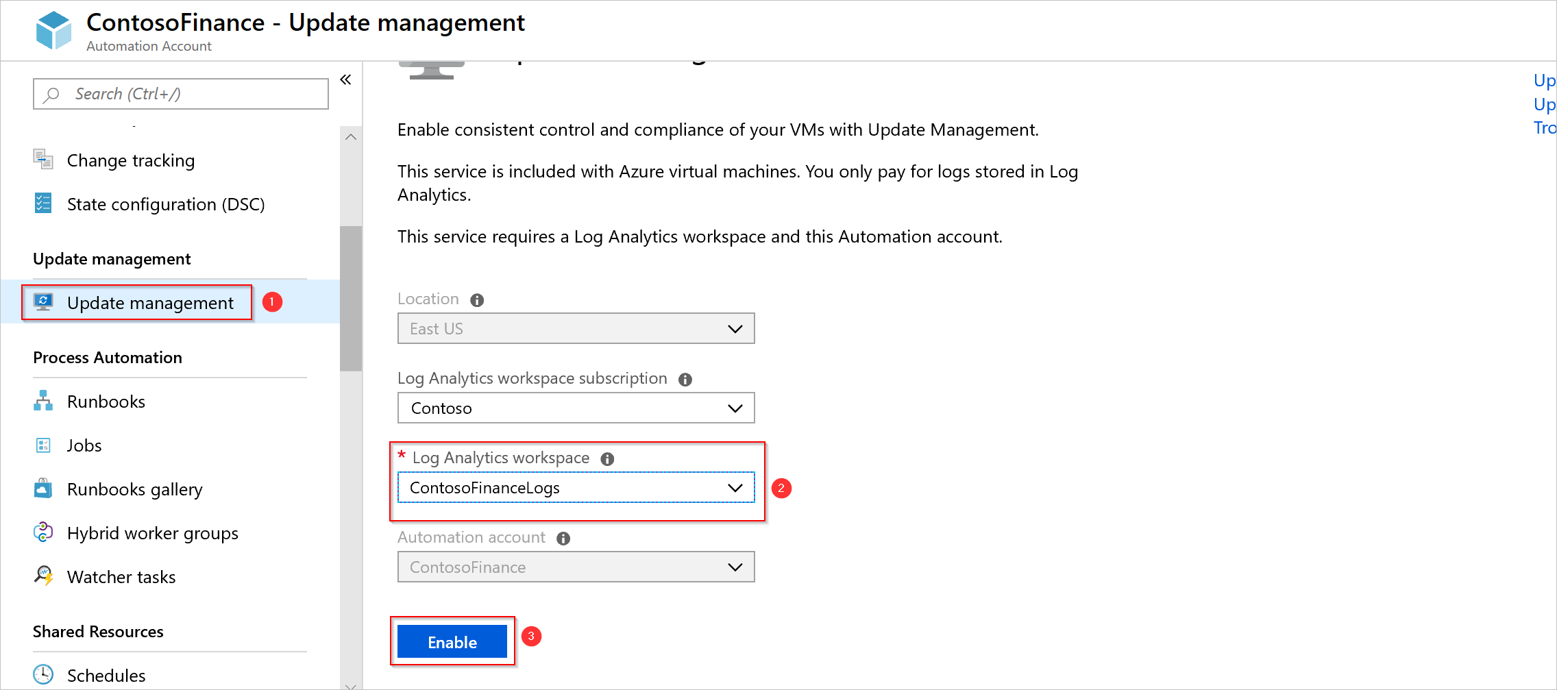 Screenshot of Re-enabling features in your moved Automation account
