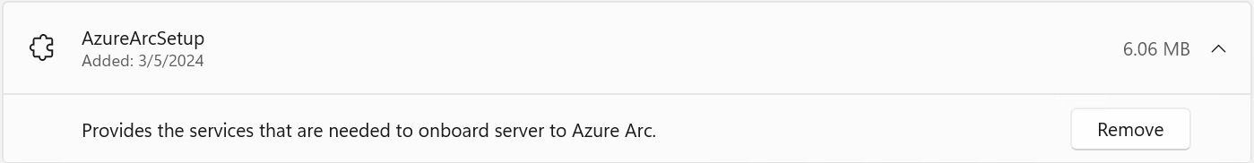 “可选功能”菜单的屏幕截图，其中显示了 Azure Arc 安装程序功能以及“移除”按钮。