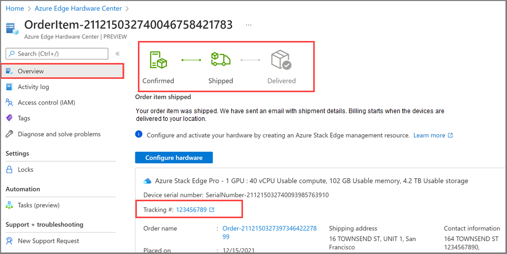 Screenshot showing how to view tracking number after the hardware is shipped.