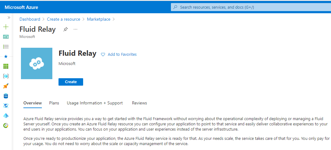 Azure Fluid Relay 市场详细信息页的屏幕截图。