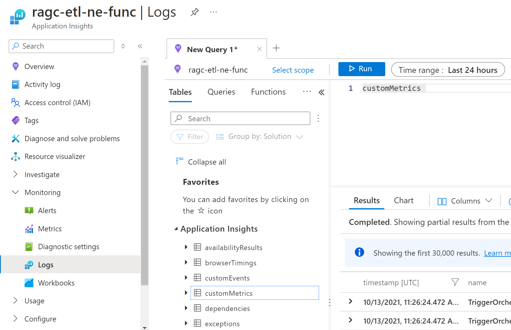 显示 customMetrics Application Insights 表中的 Host.Aggregator 遥测数据的屏幕截图。