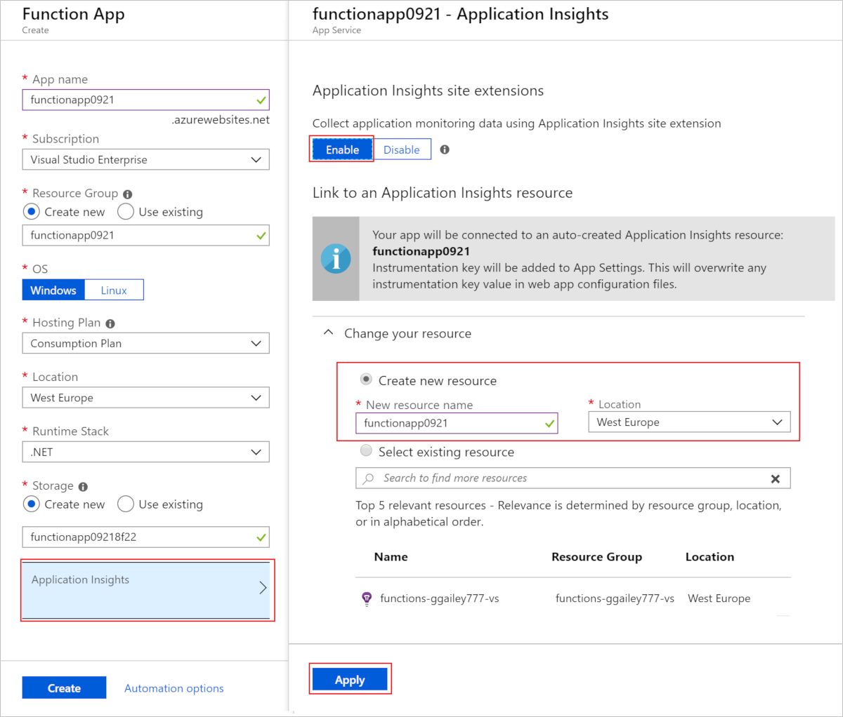 创建函数应用时启用 Application Insights 的屏幕截图。