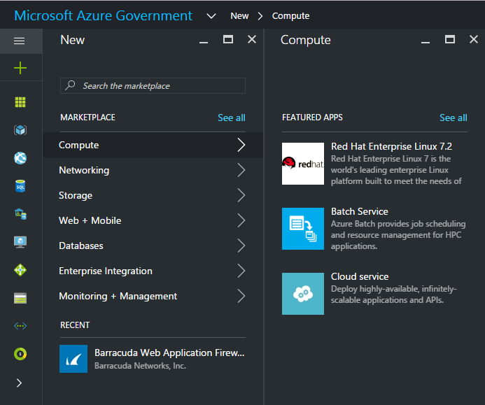 Screenshot shows Azure Government portal New page with Compute selected.