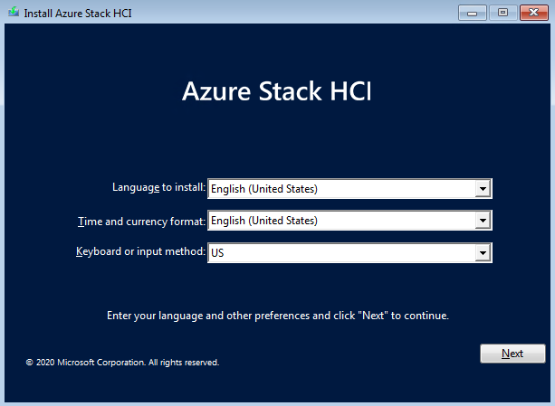 安装 Azure Stack HCI 向导的语言页的屏幕截图。