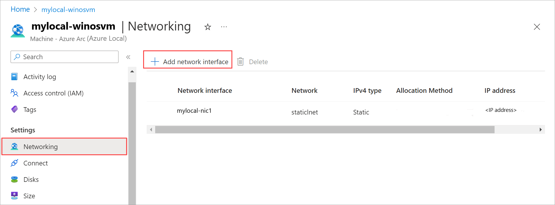 用于在虚拟机的“网络”窗格中添加网络接口的命令的屏幕截图。
