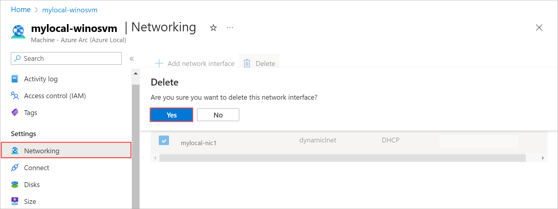 用于删除网络接口的确认对话框的屏幕截图。