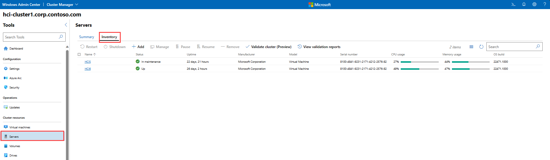服务器清单选项卡的屏幕截图。