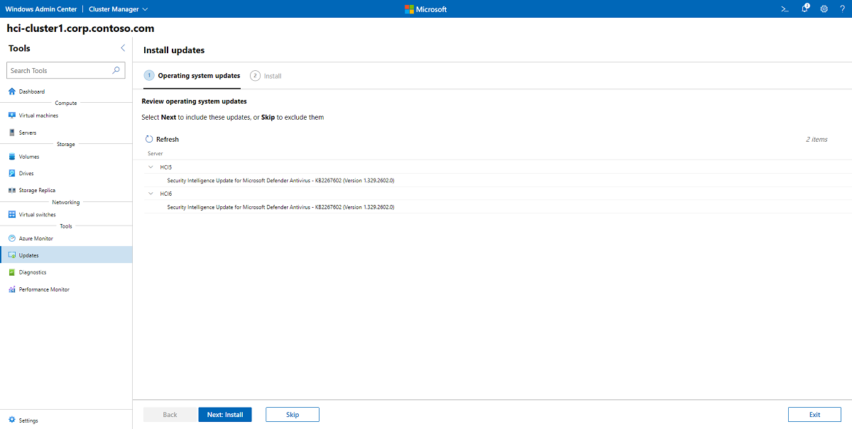 单击“下一步: 安装”,安装操作系统更新,或者单击“跳过”以排除更新