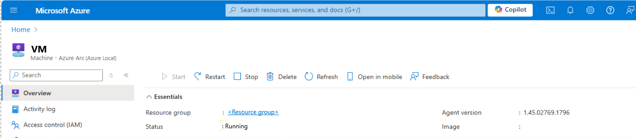 显示Azure 门户中的 VM 电源状态的屏幕截图。
