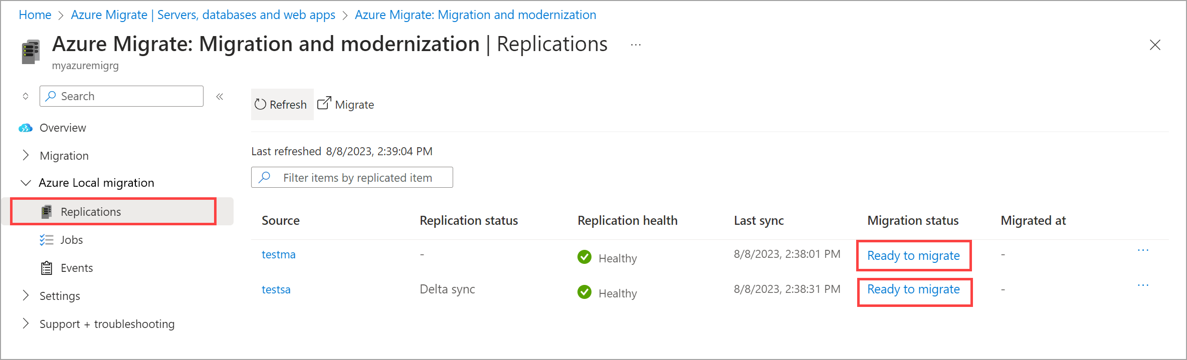 Azure Migrate:迁移和现代化>复制Azure 门户的屏幕截图,其中迁移状态为“已准备好迁移”。