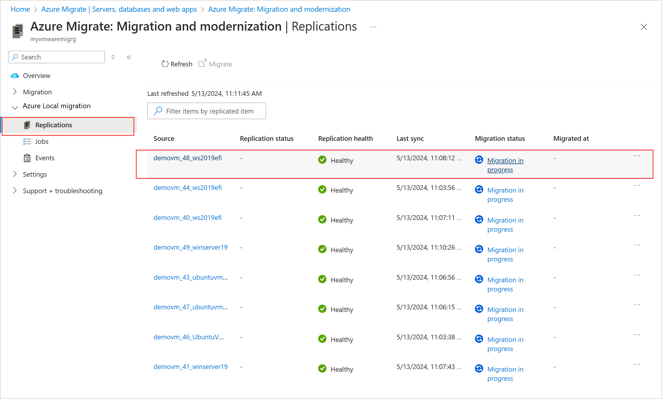 “迁移”页的屏幕截图,其中选择了Azure 门户中的迁移状态。