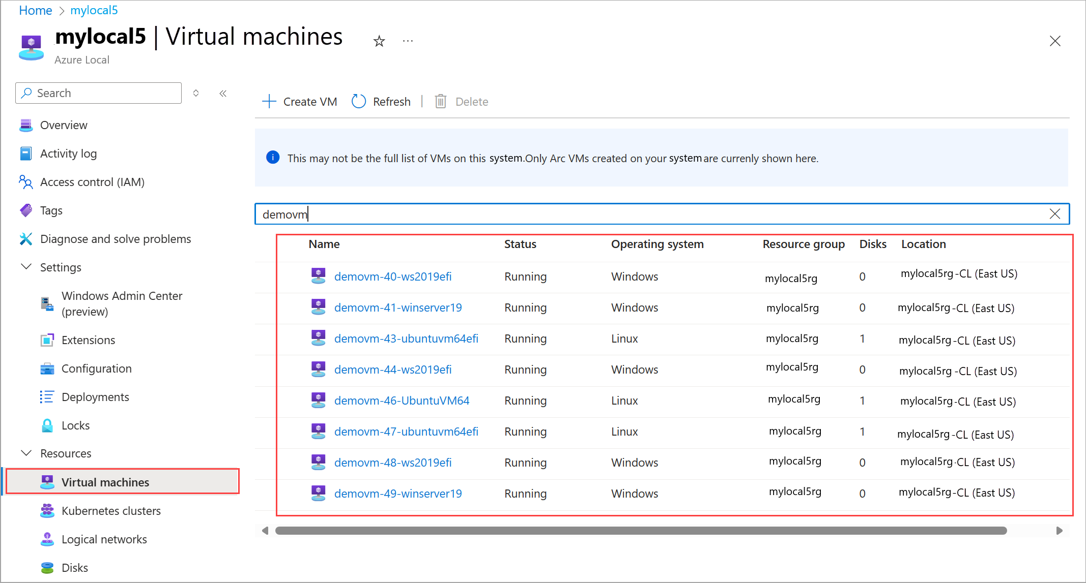 Azure 门户中的 Azure 本地>虚拟机的屏幕截图。