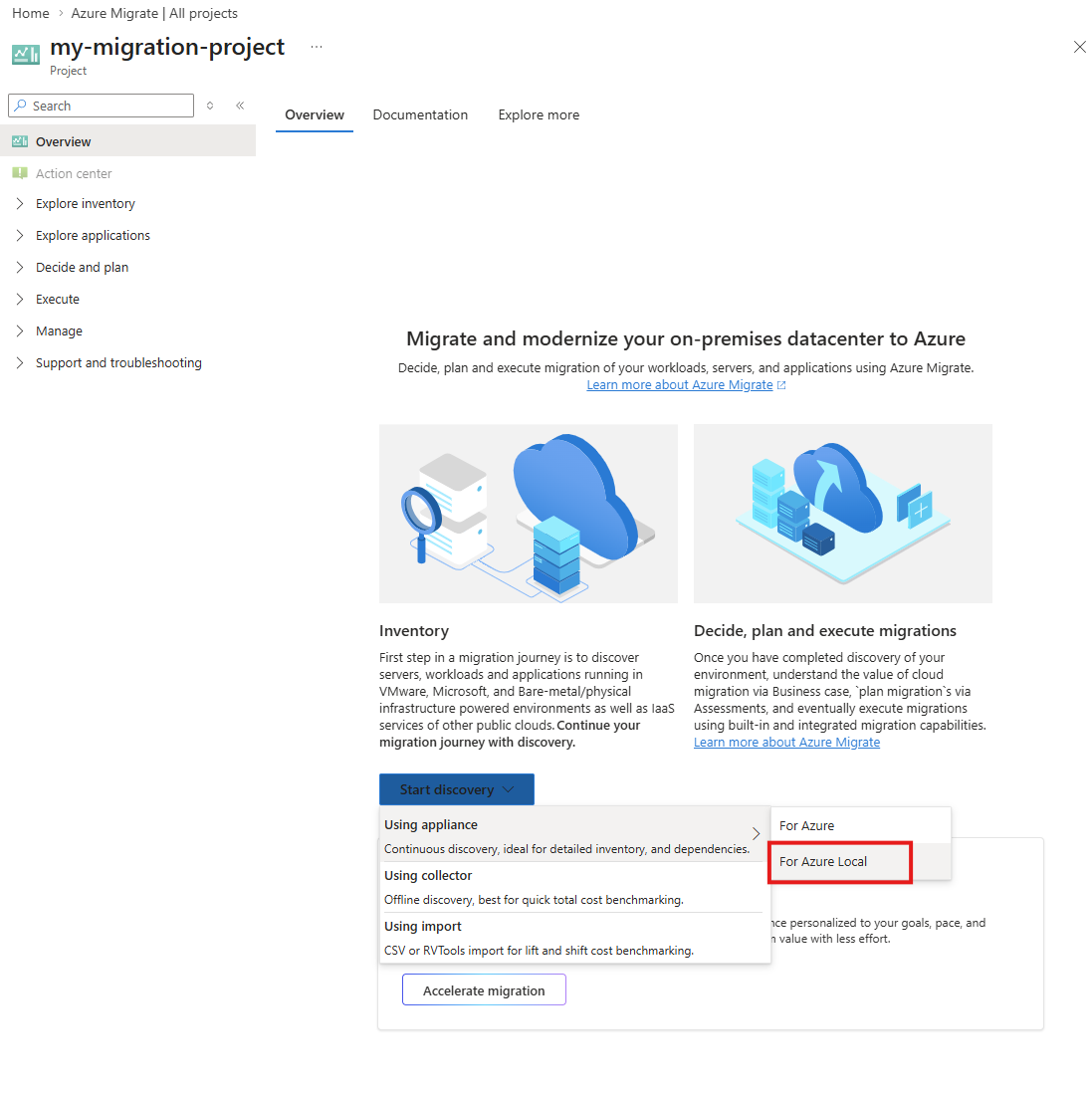 “从源设备的迁移工具”磁贴转到“发现”页的屏幕截图。