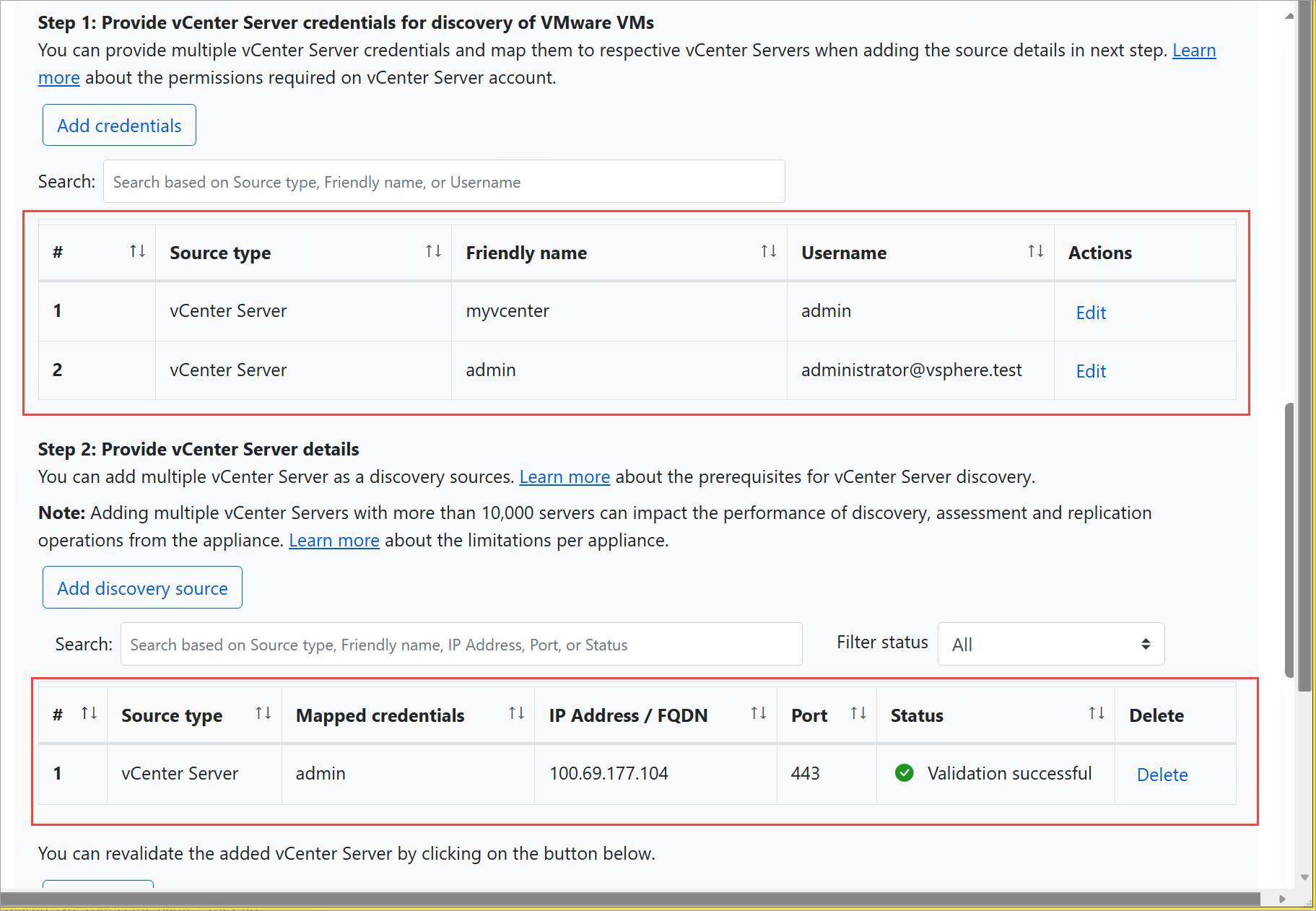 配置的凭据和发现源的屏幕截图。