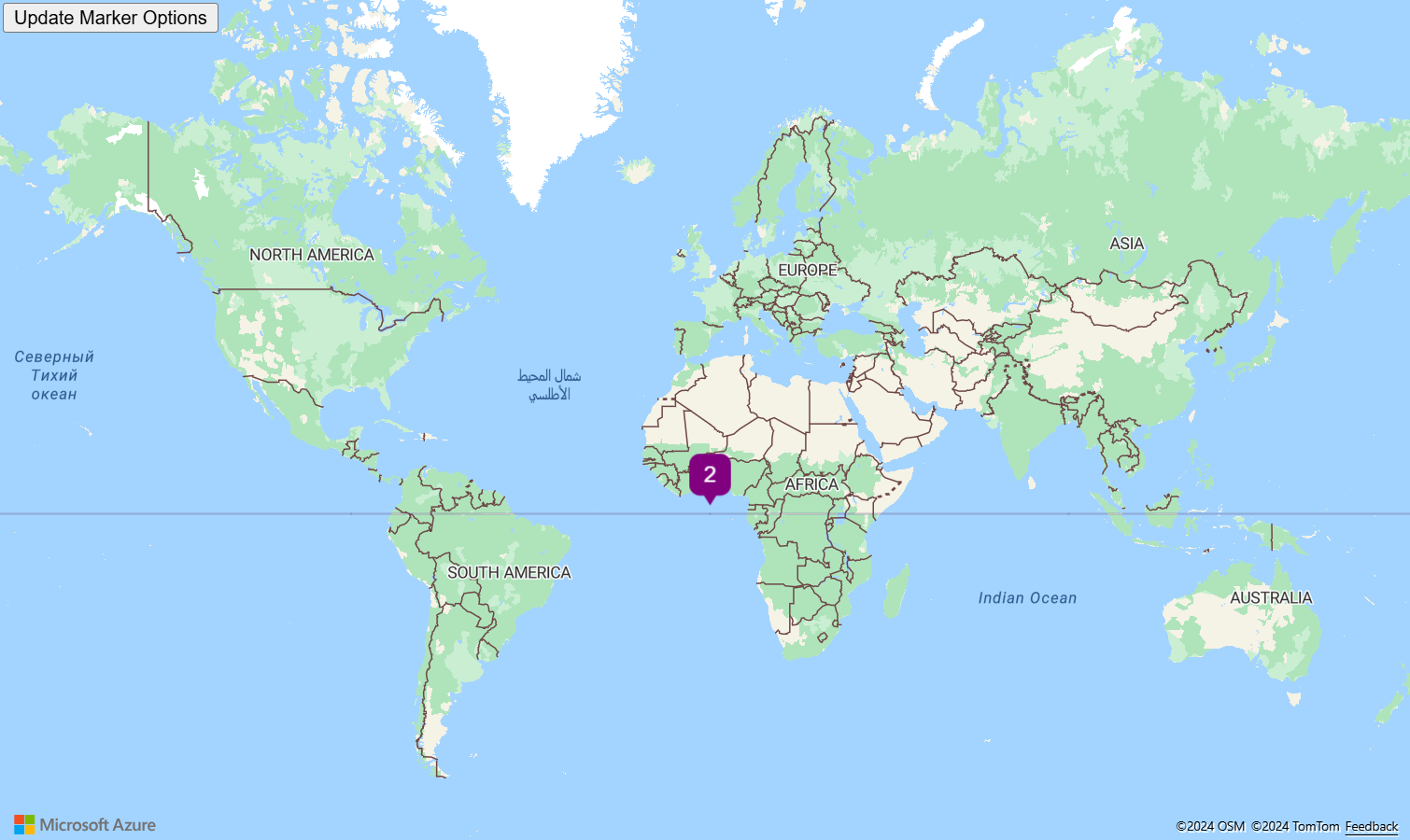 显示一幅世界地图的屏幕截图，该地图包含与 HtmlMarker 类一起使用的自定义 SVG 模板。它还包含一个标有“更新标记选项”的按钮，选择该按钮可更改 HtmlMarker 中使用的 SVG 模板中的颜色和文本选项。