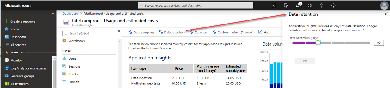 Screenshot that shows where to change the data retention period.