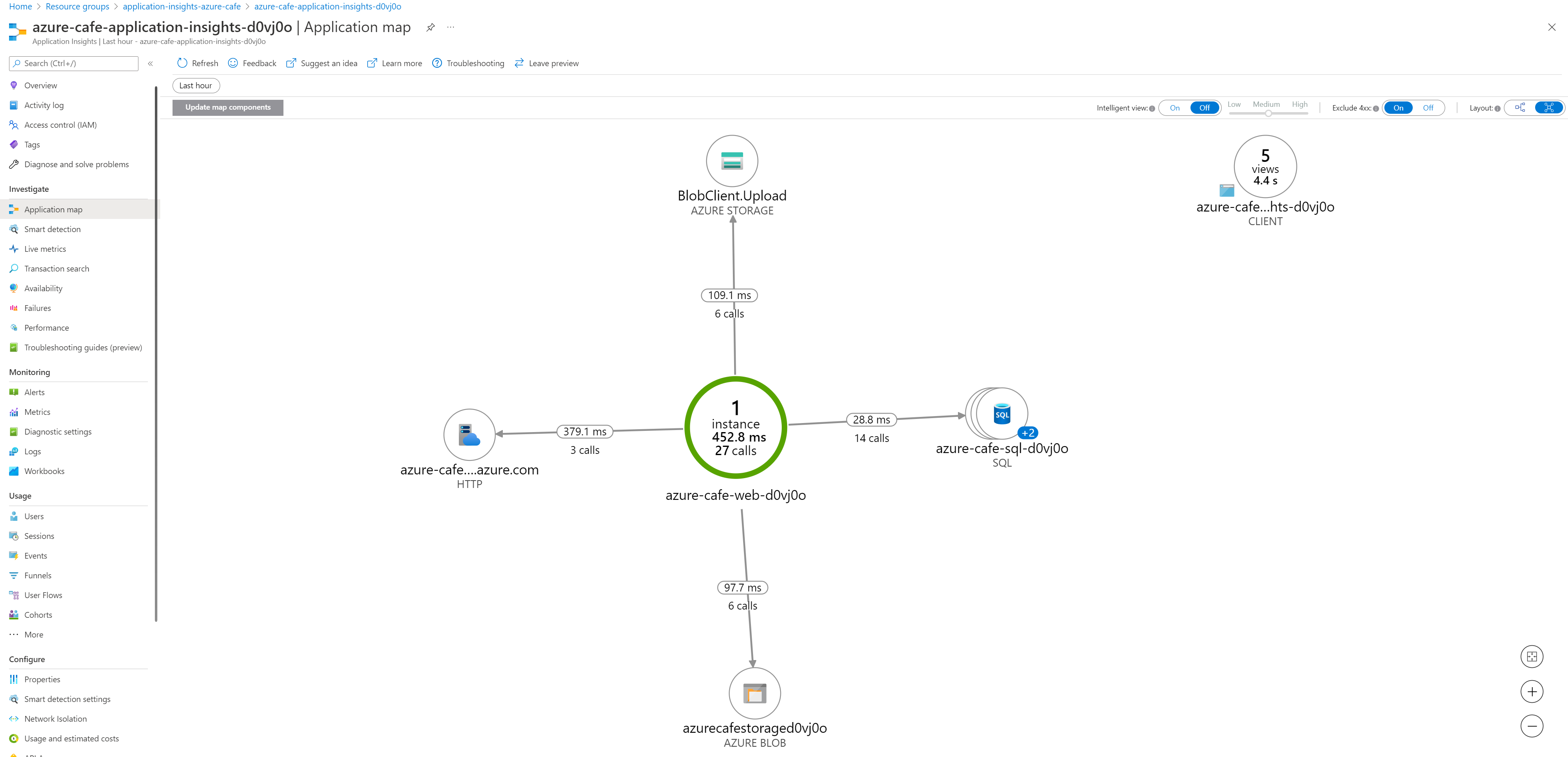 Azure 门户中 Application Insights 应用程序映射的屏幕截图。